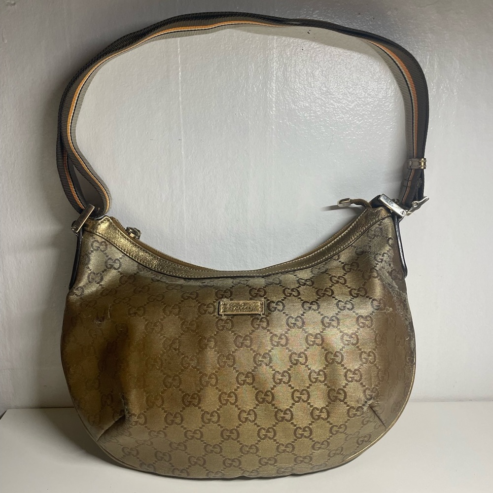 Gucci GG Crystal PVC Coated Web Strap Shoulder Bag in Golden Brown